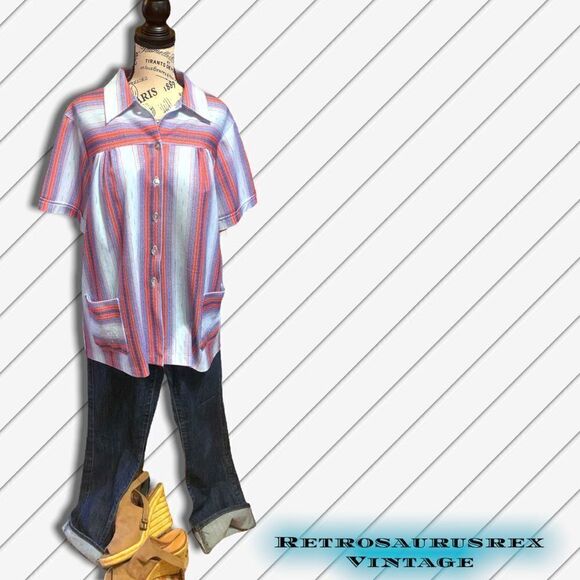 vintage 1970’s Polyester Mod Striped Plus Size Tent Blouse, 2X - Picture 7 of 8